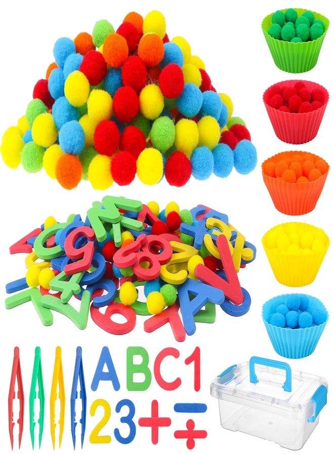 Easywiny 286Pcs Letters and Numbers Sensory Bin Filler Fine Motor Toys Counting Sorting 200 Felt Pompoms 76 Magnetic Letters Numbers 4 Tweezers 5 Silicone Plates 1 Storage Box for Counting Sorting DIY Crafts - Image 1